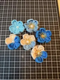 ちりめん細工 花のパーツ 6個セット　ブルー系