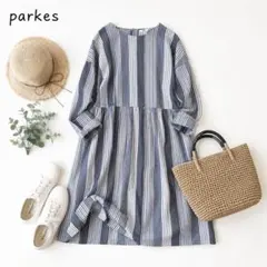 @【M】Parkes 日本製 綿100% ストライプ バックボタン ワンピースのサムネイル