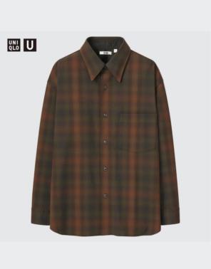 美品　UNIQLO U チェック柄 長袖シャツ ブラウン系