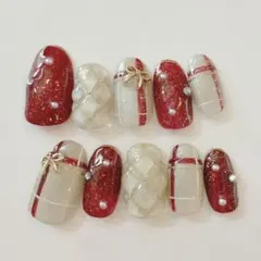 リボンネイル　サイズオーダー　チェック　キルティング　赤　マグネット