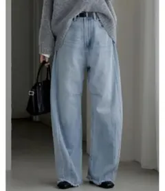 リエディ 裾フリンジバレルレッグデニムパンツ ブルー MTサイズ