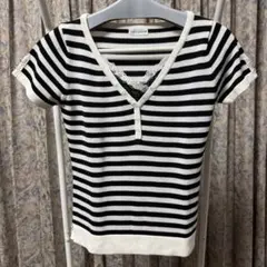 【美品】トップス Mサイズ カットソー 半袖 レース ボーダー ボタン 春夏服