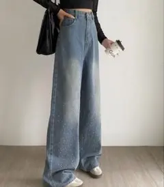 完売品 ラインストーン付きハイウエストデニムパンツ