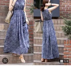 ネイビー系花柄ノースリーブロングワンピース