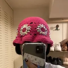 クロシェハット　バケットハット　グラニースクエア　手編み　クロシェ　ハンドメイド