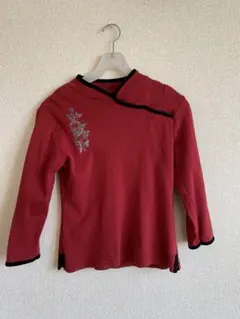 チャイナ風 赤色 七分袖 Tシャツ 刺繍入り/Mサイズ