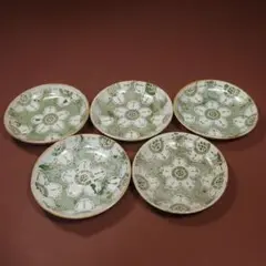 花柄の緑色　印判　小皿　5枚　　　　ｍ47
