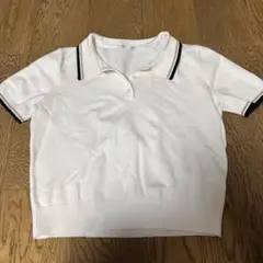 GU ホワイト 半袖ポロシャツ ストライプ襟