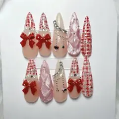 韓国　キルティング　ネイルチップ　ネイル　ロング　ツイード　量産型　ワンホン