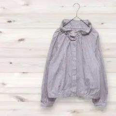 長袖シャツ【M】コットンブラウス ストライプ柄 オフィスカジュアル フリル 綺麗