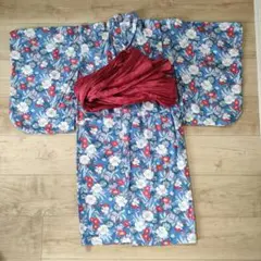 ペアマノン　花柄浴衣と赤い帯のセット　110cm