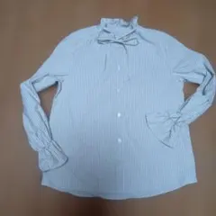 美品・GUストライプシャツ・GU長袖シャツりぼん付き・GUブラウス・白×ベージュ