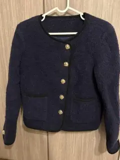 ネイビー ノーカラージャケット フリース