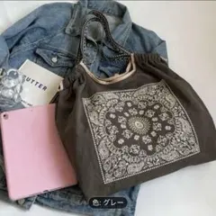 ✨柄刺繍　トート　 エコバッグ トートバッグ グレー ショルダーバッグ✨