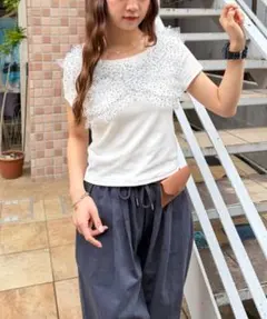 【新品】 Wcloset フリフリドットチュールTシャツ オフホワイト Fのサムネイル