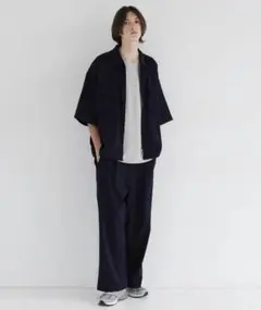 LILL ポリトロストレッチ半袖ビッグポケットジップシャツ/ワイドパンツ