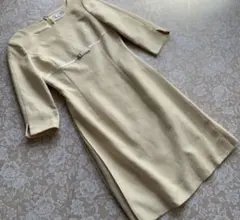 美品　エムズグレイシー　両サイドプリーツ　上品七分袖ワンピース38ラメイエロー