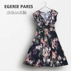 Y7576【エジェリ パリ】フランス製 花柄フレアワンピース ミディ丈 黒