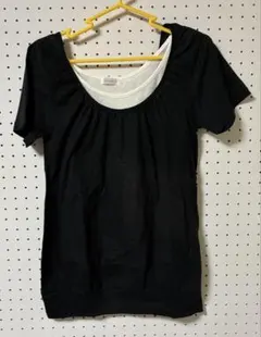 バックリボン 重ね着風 半袖カットソー 黒白 M〜L相当 体型カバー