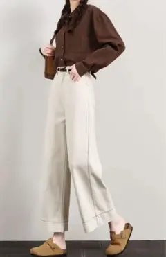 ホワイトデニム ワイドパンツ 裾装飾
