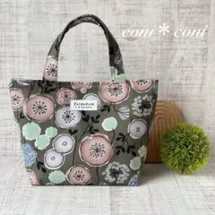 【ハンドメイド】ミニトートバッグ＊北欧調　ふわふわ花＊グレー地