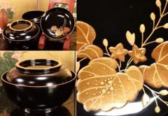 BJ018　輪島塗　布着堅地　盛岡庄五郎 作　縁金 草花金蒔絵椀　二客　木製 BJ018 輪島塗 布着堅地 盛岡庄五郎 作 縁金 草花金蒔絵椀 二客 木製
