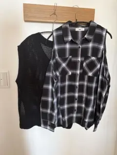 WEGO チェック柄オープンショルダーシャツ&メッシュベストのサムネイル
