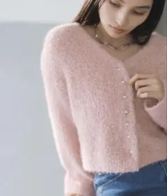 VIS フェザーリボンヤーン多釦カーディガン　ピンク