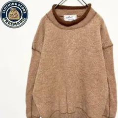 ニット　セーター　無地　ロールネック　ウール100%　ブラウン　古着