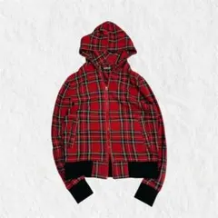 チェック柄 ダブルジップパーカー レッド 平成ギャル y2k 短丈