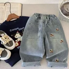 キッズデニム　ワンちゃん刺繍　刺繍入り