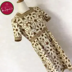 レトロ ワンピース 半袖 花柄 コットン 幾何学模様 スクエアネック 古着 茶