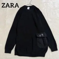 【ザラ】ニットセーター クルーネック ワッフル編み オーバーサイズ L 黒