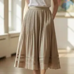 美品 ロペ ROPE フレアスカート（L）ベージュ プリーツ ひざ丈 裾ライン入のサムネイル