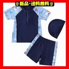 サイズ100 男の子 水着 半袖ラッシュガード 帽子付 UV 紺⭐A⑥59