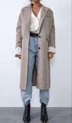 【美品】ZARA モヘアブレンド ウール ロングチェスターコート ヘリンボーン柄
