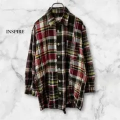 インスパイア【M】カジュアルシャツ チェック柄 麻混 柄切り替え オシャレ