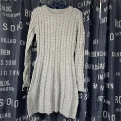 グレー ケーブルニット 長袖ワンピース