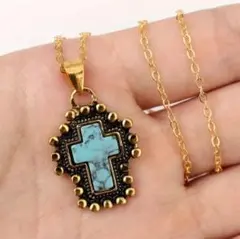 【送料無料】ターコイズブルー クロスネックレス ゴールド ボヘミアン 男女兼用