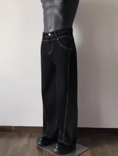 新品未使用 ブラック デニム ワイドストレートパンツ 明線デザイン 男女兼用