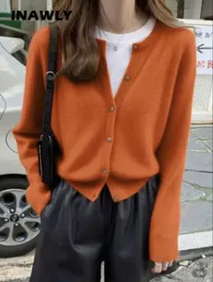 SHEIN オレンジ ボタン付き長袖カーディガン