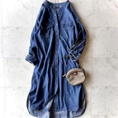 美品 アーバンリサーチ デニムオーバーシャツワンピース 洗える バンドカラー 青
