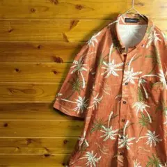アロハシャツ　かりゆしウェア　柄シャツ　半袖シャツ　ヤシの木　L　茶色　刺繍のサムネイル