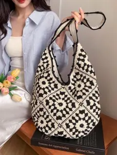 トートバッグ 編み込み モチーフ編み モノトーン ショルダー　人気 28①
