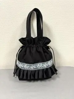 #11-J4 フリル巾着バッグ インド刺繍　ハンドメイド