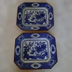 青と白の花柄八角形皿2枚セット