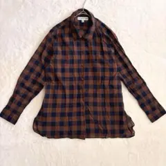 ユニクロ×イネス　コットンシアーチェックシャツ　Ｌ　ブラウン　綿素材　ゆったり