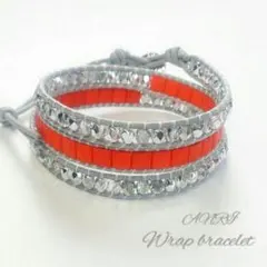オレンジグレー＊ハンドメイド＊３連ラップブレスレット   #249