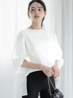 coca 袖バルーンAラインブラウス ホワイト ボートネック 五分袖