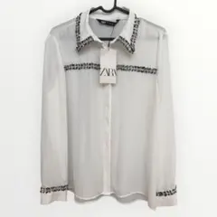 新品 ZARA 長袖シャツ ホワイト フリンジトリム